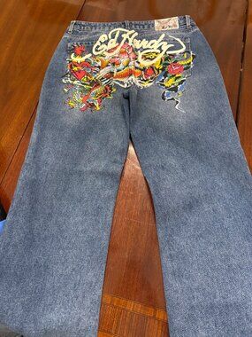 Ed Hardy Blue Jeans Baggy Light Wash Painted Tattoo Tiger Koi Fish - Size 30